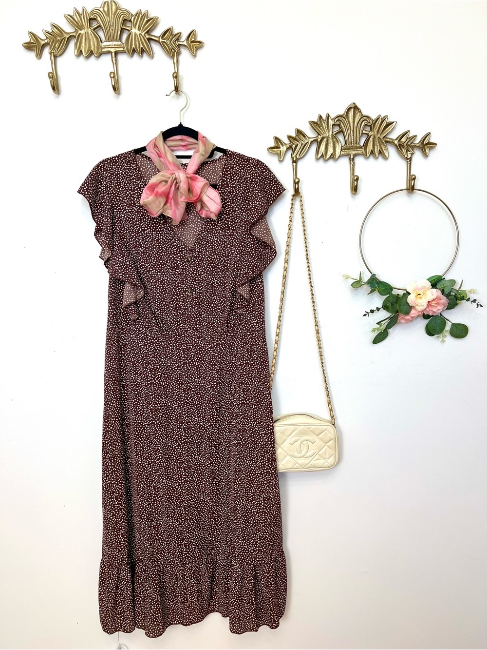 Womens Brown Microdot Ruffle Sleeve dress Xl ptp 23.5” l 47.5”